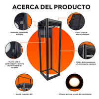 Acerca de ASTER: botón de encendido, puerto USB-C, panel solar, asa y difusor