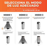 Modos de luz de ASTER: por sensor de movimiento, 100% toda la noche o 50% toda la noche