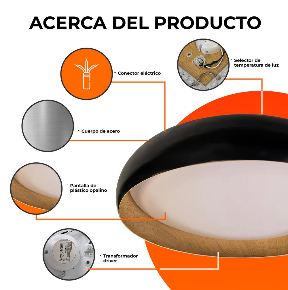 Partes de LEGNO: cuerpo de acero, pantalla de plástico opalino, driver y selector de temperatura de luz