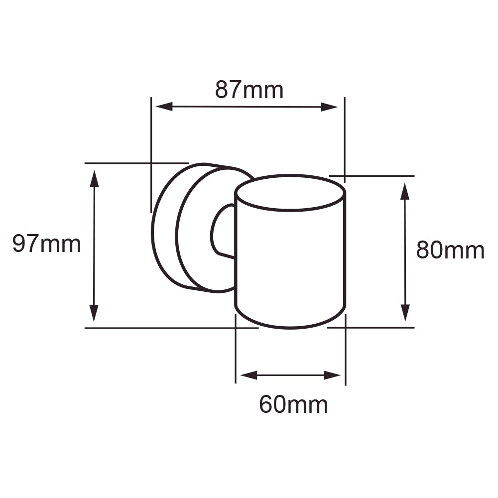 Dibujo técnico de UNBUB: 97 mm de alto, 87 mm de proyección y 60 mm de diámetro