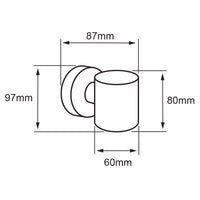 Dibujo técnico de UNBUB: 97 mm de alto, 87 mm de proyección y 60 mm de diámetro