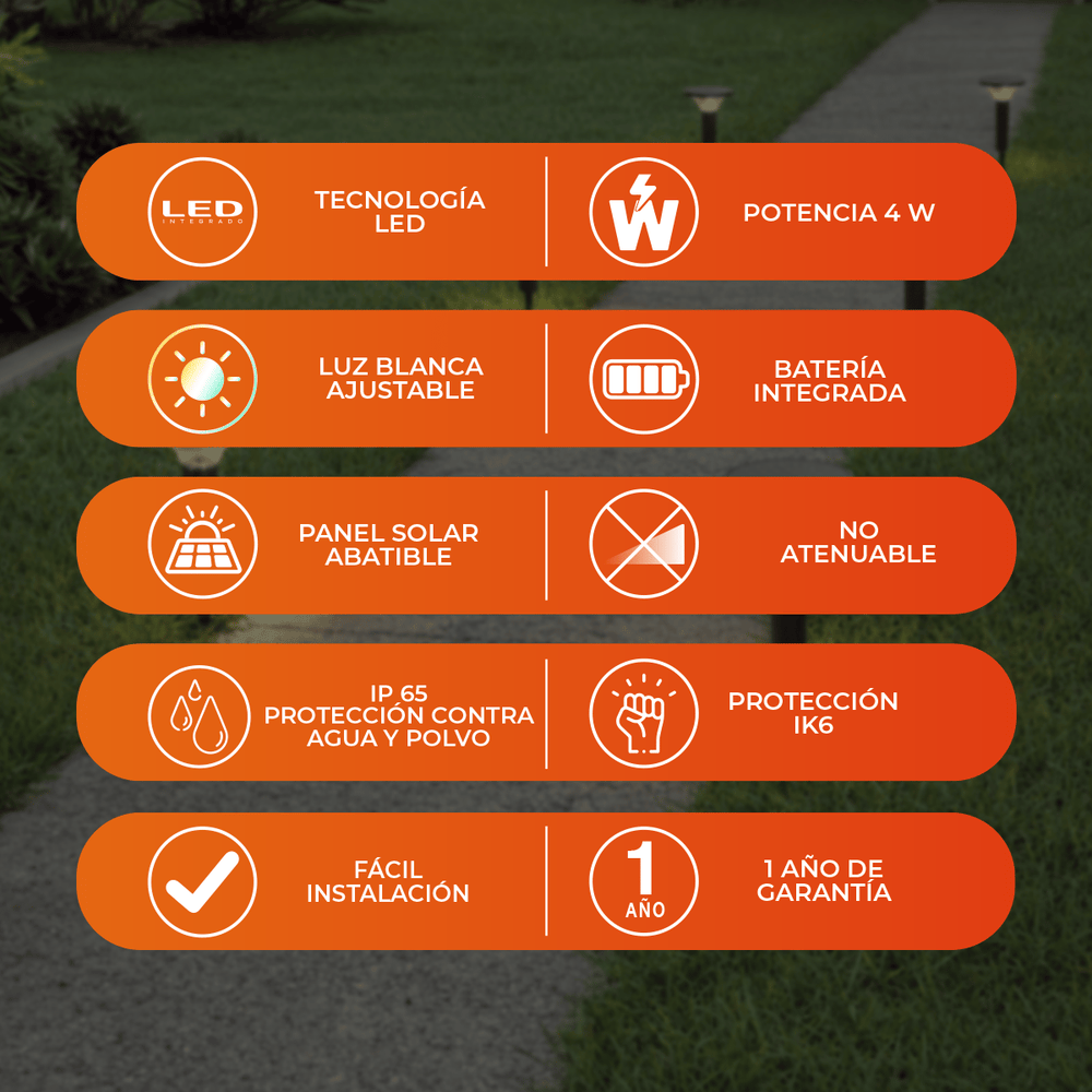 Beneficios de TILDA: LED 4 W, luz blanca ajustable, panel solar abatible, IP65 e IK06