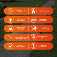 Beneficios de TILDA: LED 4 W, luz blanca ajustable, panel solar abatible, IP65 e IK06