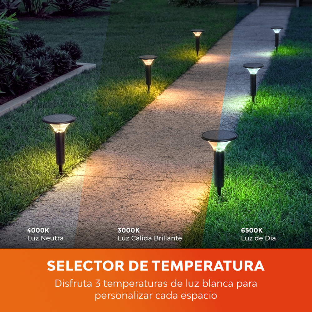 Selector de temperatura de TILDA: luz neutra 4000 K, cálida 3000 K o de día 6500 K en un camino de jardín