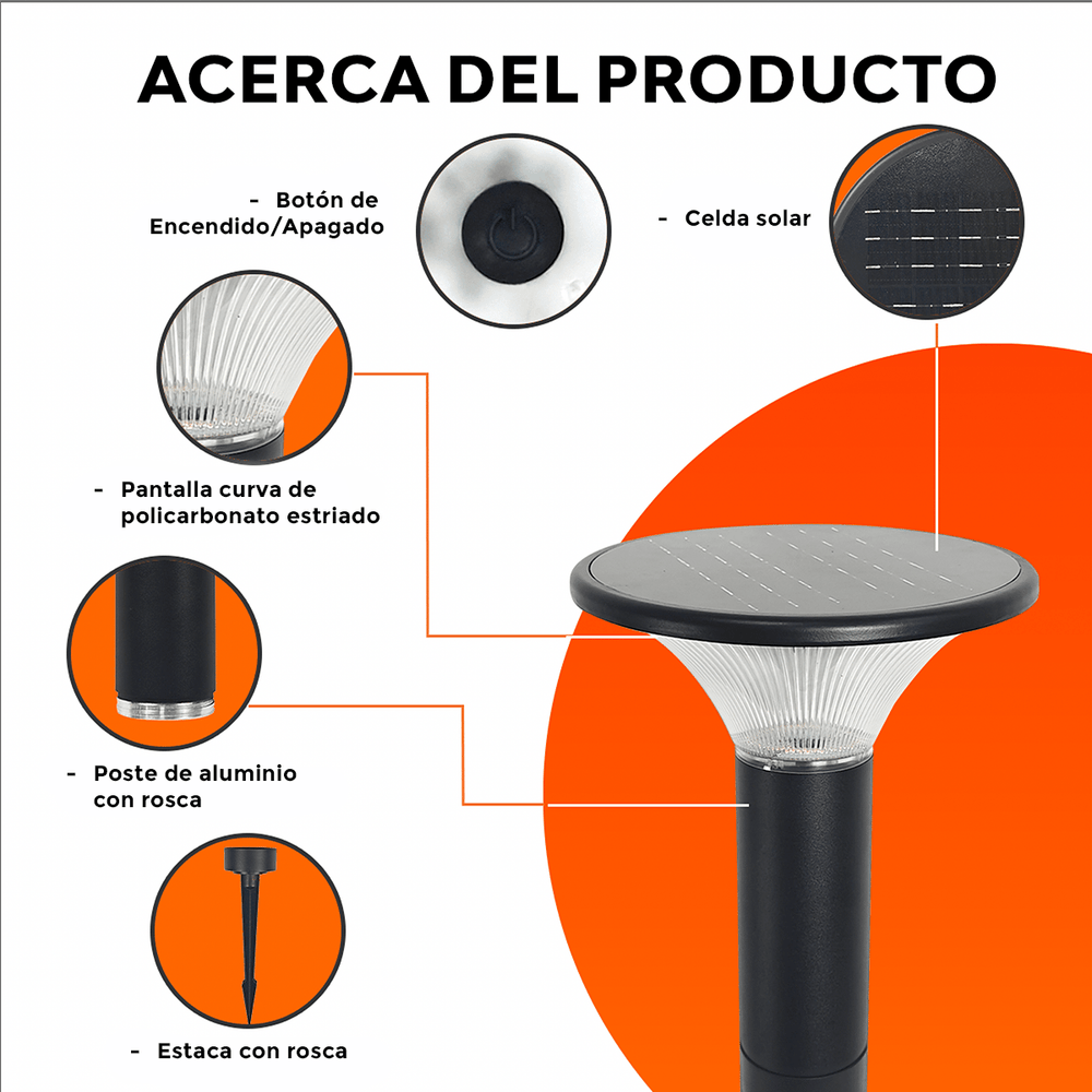 Acerca de TILDA: botón de encendido, celda solar, pantalla estriada de policarbonato, poste de aluminio y estaca
