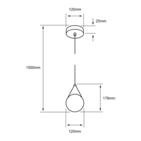 Dibujo técnico de GOCCIA CEILING: pantalla de 120 mm de diámetro y 178 mm de alto, florón de 120 mm y altura máxima de 1500 mm