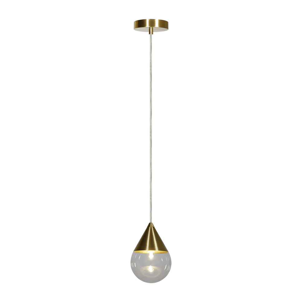 GOCCIA CEILING colgante LED en forma de gota de cristal transparente con remate dorado, fondo blanco