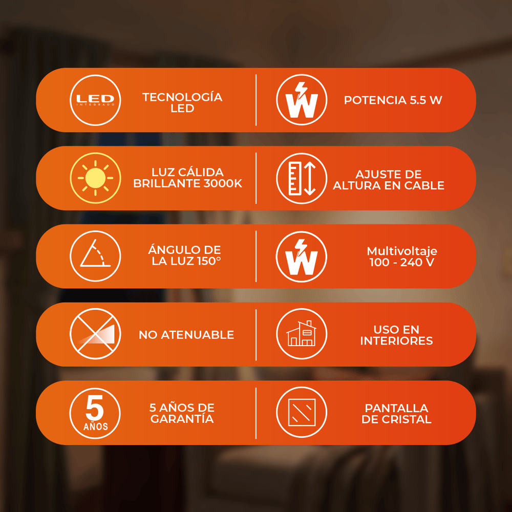 Beneficios de GOCCIA CEILING: LED 5 W, luz cálida 3000 K, pantalla de cristal y 5 años de garantía