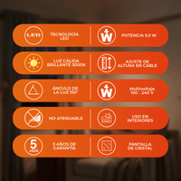 Beneficios de GOCCIA CEILING: LED 5 W, luz cálida 3000 K, pantalla de cristal y 5 años de garantía