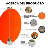 Acerca de GOCCIA CEILING: base dorada, cable transparente ajustable, lente óptica y pantalla de cristal