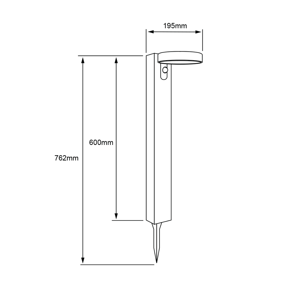 Dibujo técnico de BIDA II: 762 mm de alto con estaca, 600 mm sobre el piso y cabezal de 195 mm