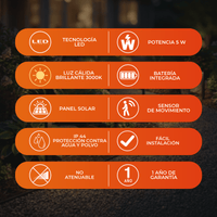 Beneficios de BIDA II: LED 5 W, luz cálida 3000 K, panel solar, sensor de movimiento e IP44