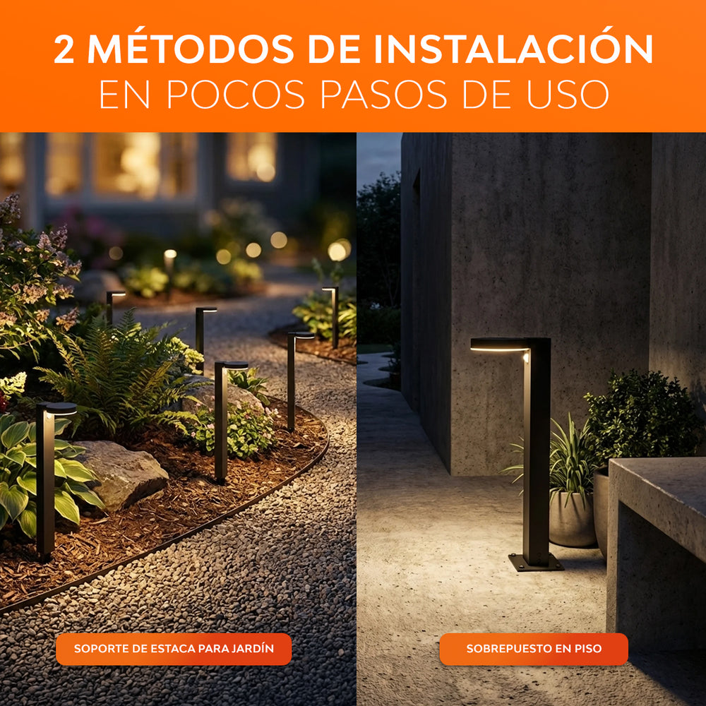 Los 2 métodos de instalación de BIDA II: con estaca o sobrepuesta en piso (foto oficial Tecnolite)
