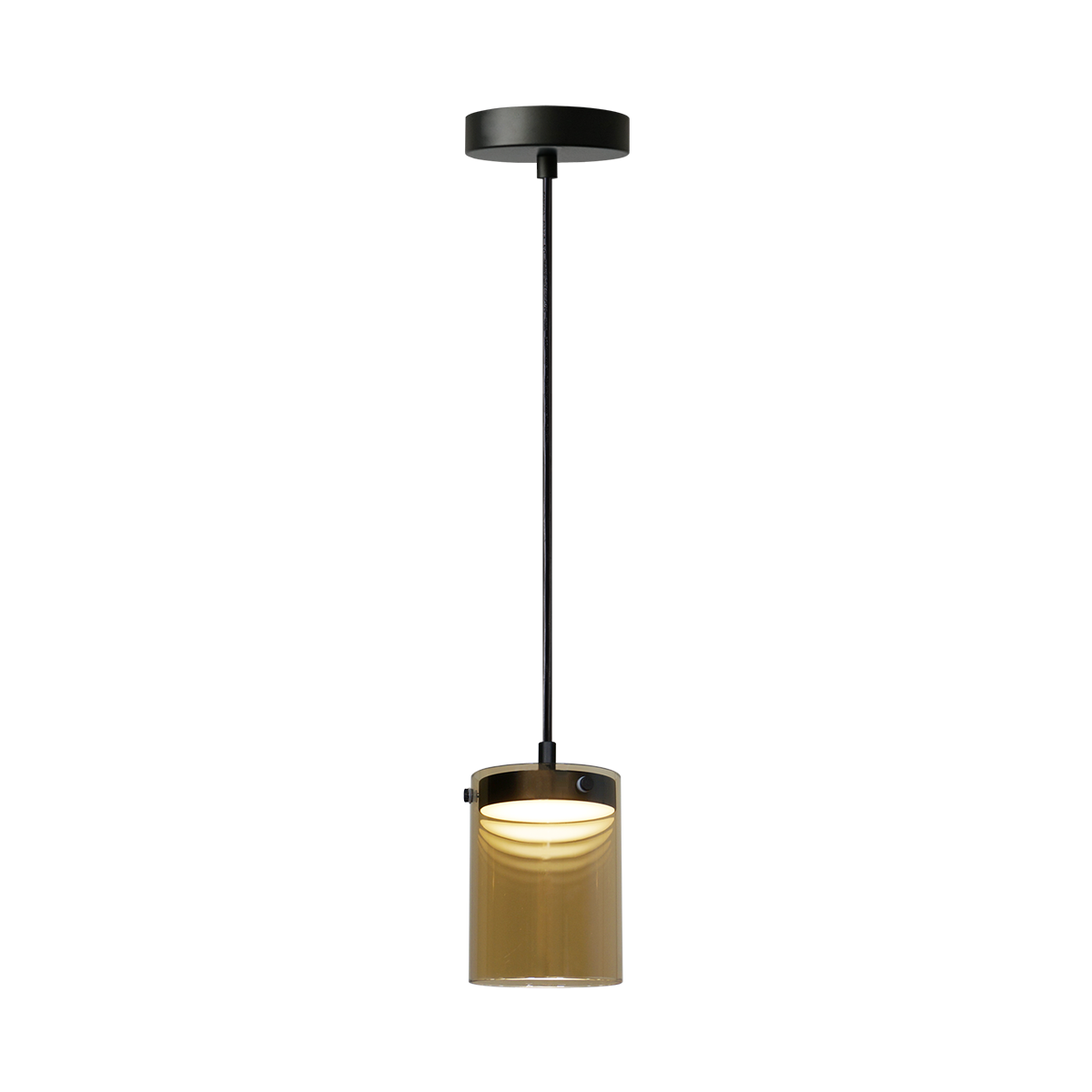 CIRAL lámpara colgante LED con pantalla cilíndrica ámbar y soporte negro, encendida, fondo blanco