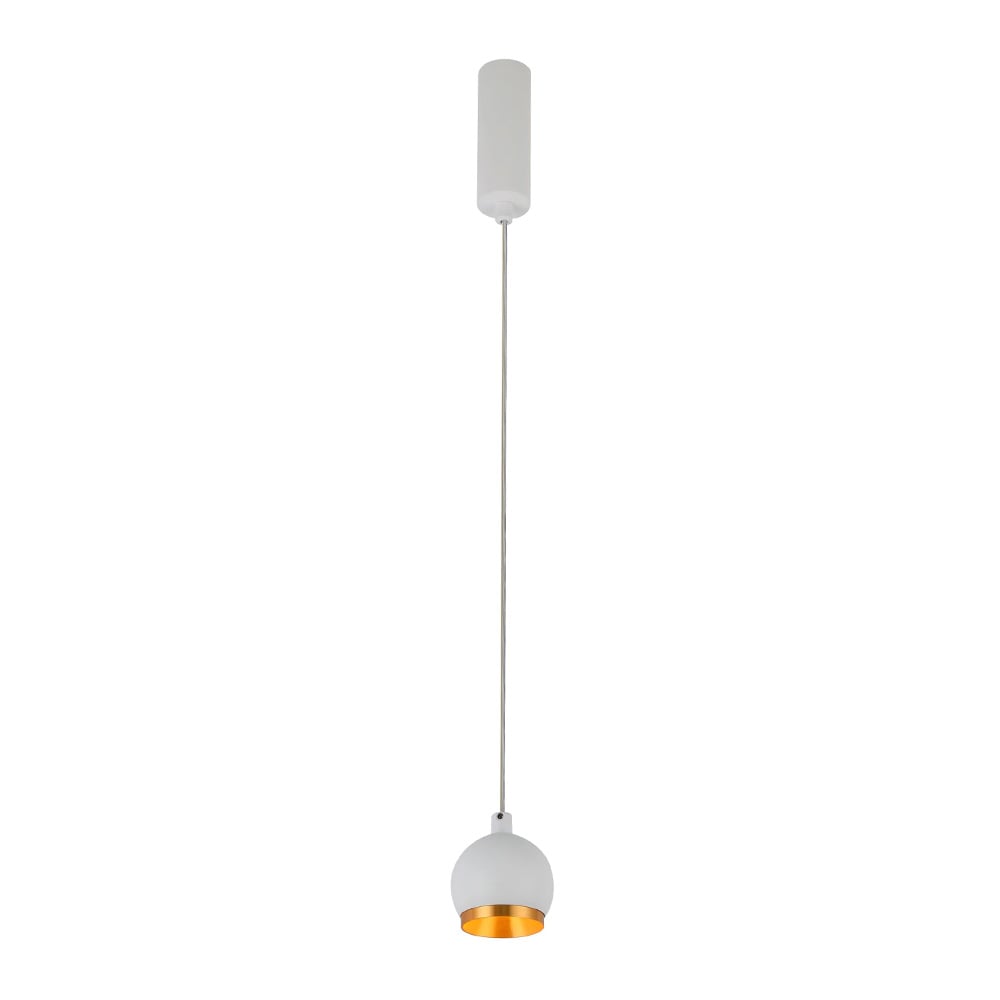 HELVETIOS I lámpara colgante LED blanca con esfera pequeña e interior dorado, fondo blanco