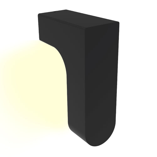 PAIKA I arbotante LED exterior negro de silueta curva con luz hacia abajo, fondo blanco – Lámpara de Diseño Báez Lumina