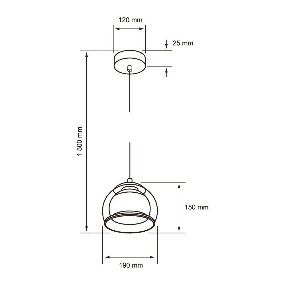 Dibujo técnico con medidas de SPOK: globo de 190 mm de diámetro y altura total de 1500 mm