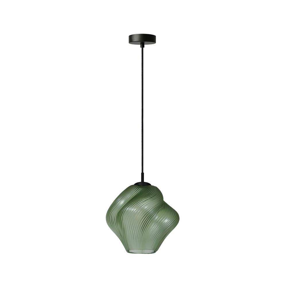 NEBULA lámpara colgante con pantalla orgánica de cristal verde y soporte negro, apagada, fondo blanco