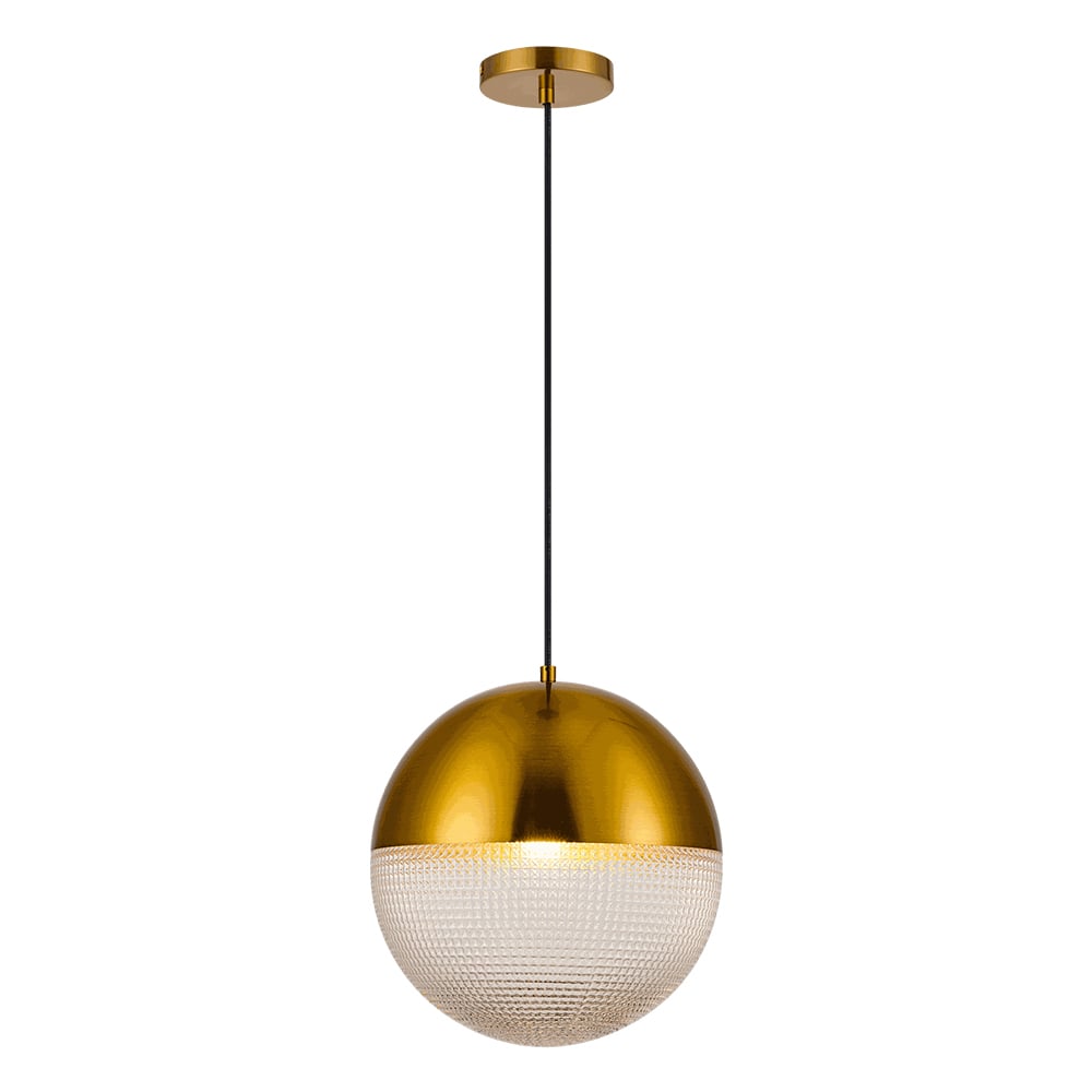 GUCHE II lámpara colgante esférica dorada con mitad inferior de cristal labrado, encendida, fondo blanco