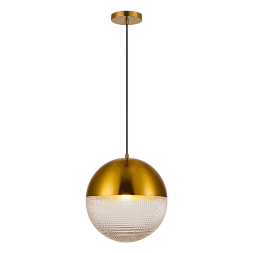 GUCHE II lámpara colgante esférica dorada con mitad inferior de cristal labrado, encendida, fondo blanco – Lámpara de Diseño Báez Lumina