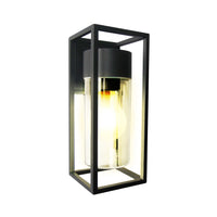 VEGA II arbotante negro tipo jaula con cilindro de cristal humo y foco encendido, fondo blanco