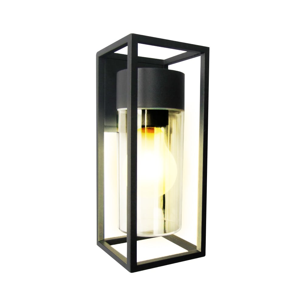 VEGA II arbotante negro tipo jaula con cilindro de cristal humo y foco encendido, fondo blanco