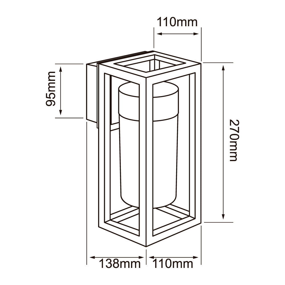 Dibujo técnico de VEGA II: 270 mm de alto, 110 mm de ancho y 138 mm de proyección