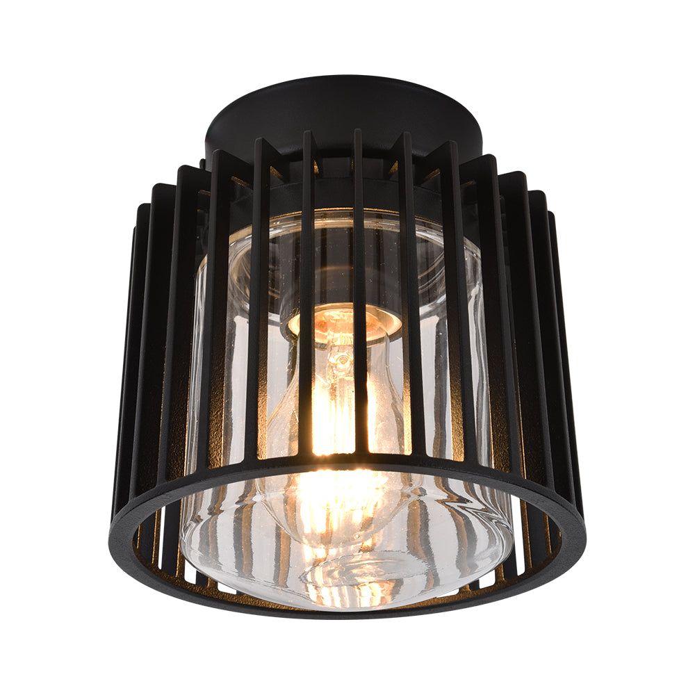 PIPOL II plafón exterior negro de rejilla vertical con cristal transparente y base E27, fondo blanco