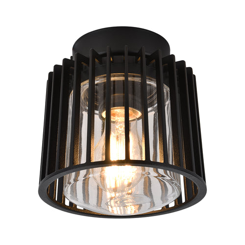PIPOL II plafón exterior negro de rejilla vertical con cristal transparente y base E27, fondo blanco – Lámpara de Diseño Báez Lumina
