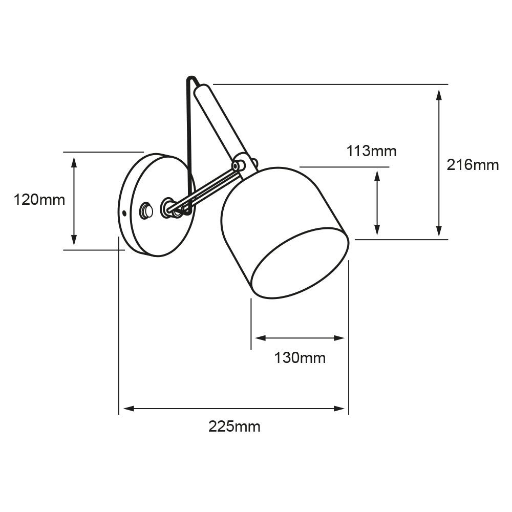 Dibujo técnico de NOLIA: 225 mm de proyección, 216 mm de alto y pantalla de 130 mm