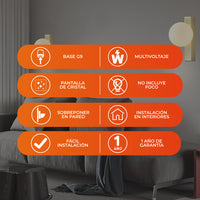 Especificaciones de GOMEISA II: base G9, pantalla de cristal, foco no incluido e instalación en interiores