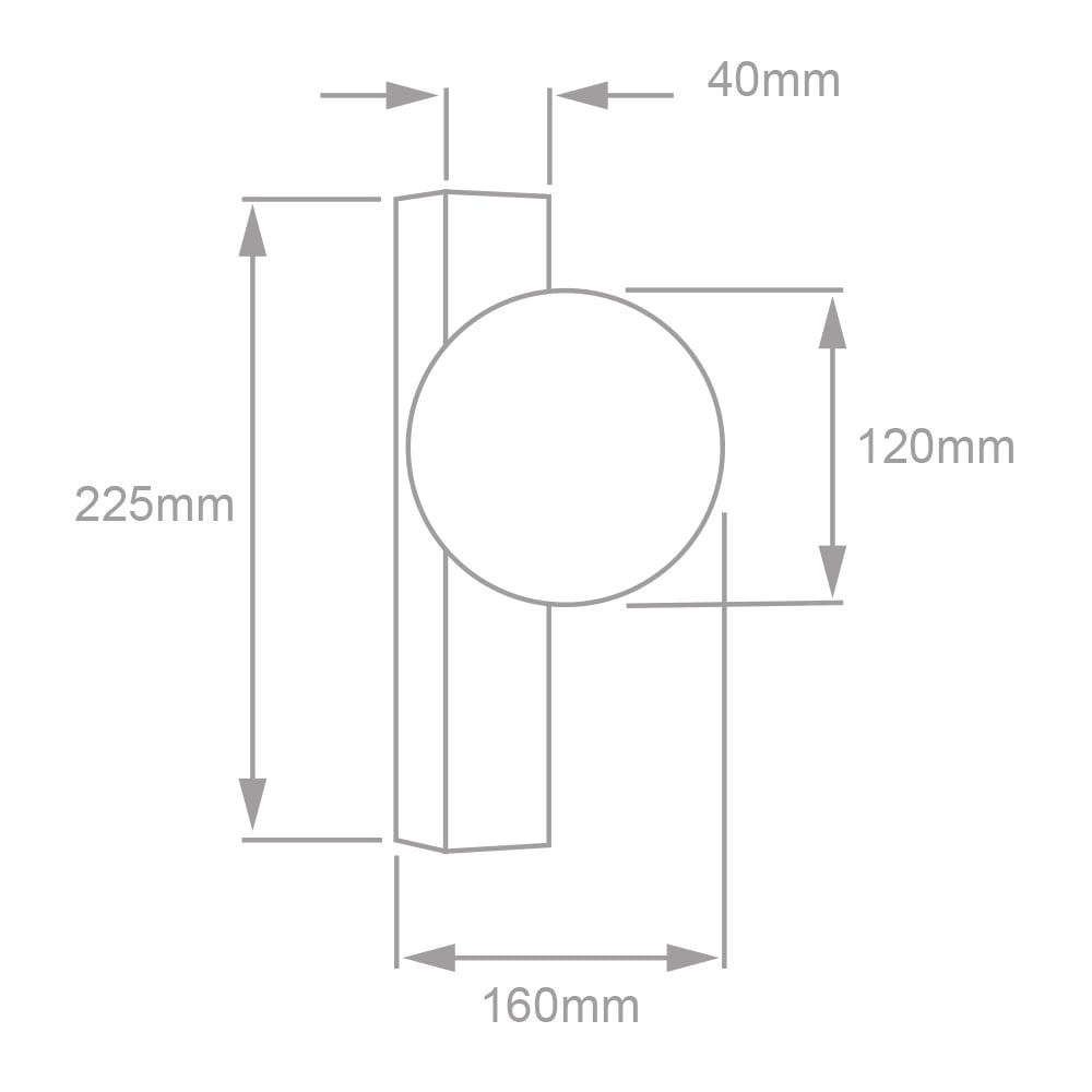 Dibujo técnico de GOMEISA II: 225 mm de alto, 160 mm de proyección, esfera de 120 mm y 40 mm de base