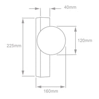 Dibujo técnico de GOMEISA II: 225 mm de alto, 160 mm de proyección, esfera de 120 mm y 40 mm de base