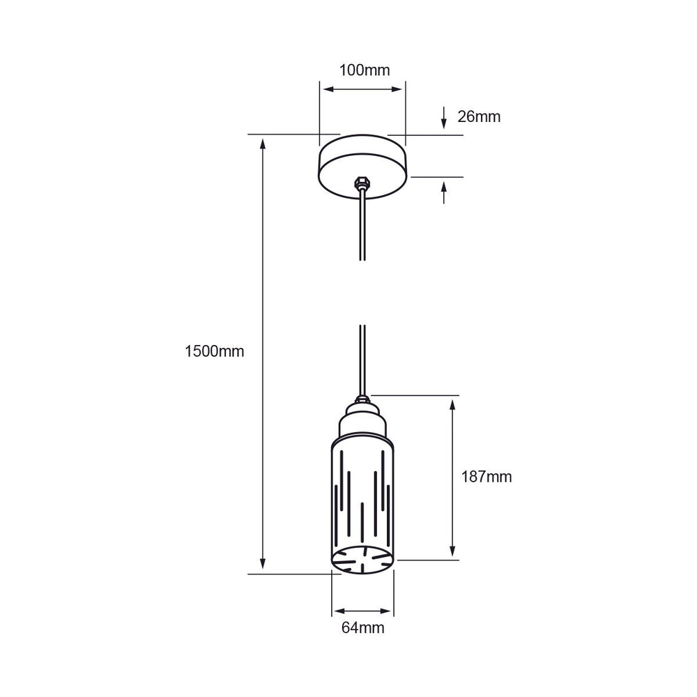 Dibujo técnico de RAINURE CEILING: cilindro de 64 mm de diámetro y 187 mm de alto, florón de 100 mm y altura máxima de 1500 mm
