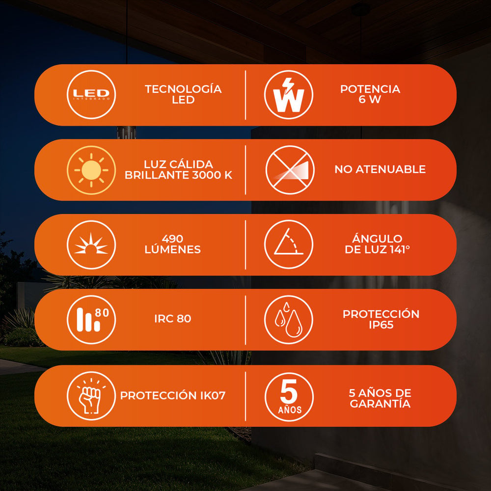 Beneficios de RAINURE CEILING: LED 6 W, luz cálida 3000 K, IP65, IK07 y 5 años de garantía