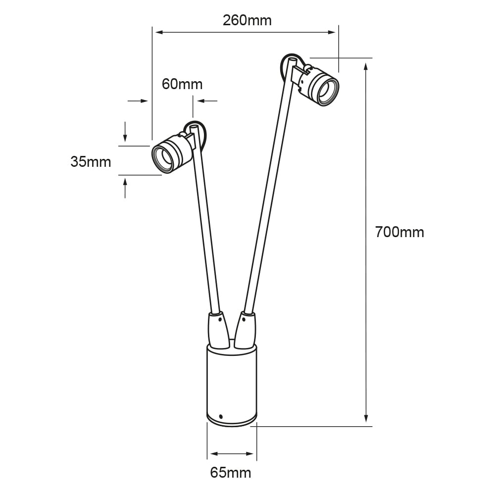 Dibujo técnico de ANTEN II: 700 mm de alto, 260 mm de apertura entre spots, base de 65 mm y cabezales de 60 × 35 mm