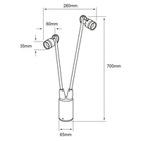 Dibujo técnico de ANTEN II: 700 mm de alto, 260 mm de apertura entre spots, base de 65 mm y cabezales de 60 × 35 mm
