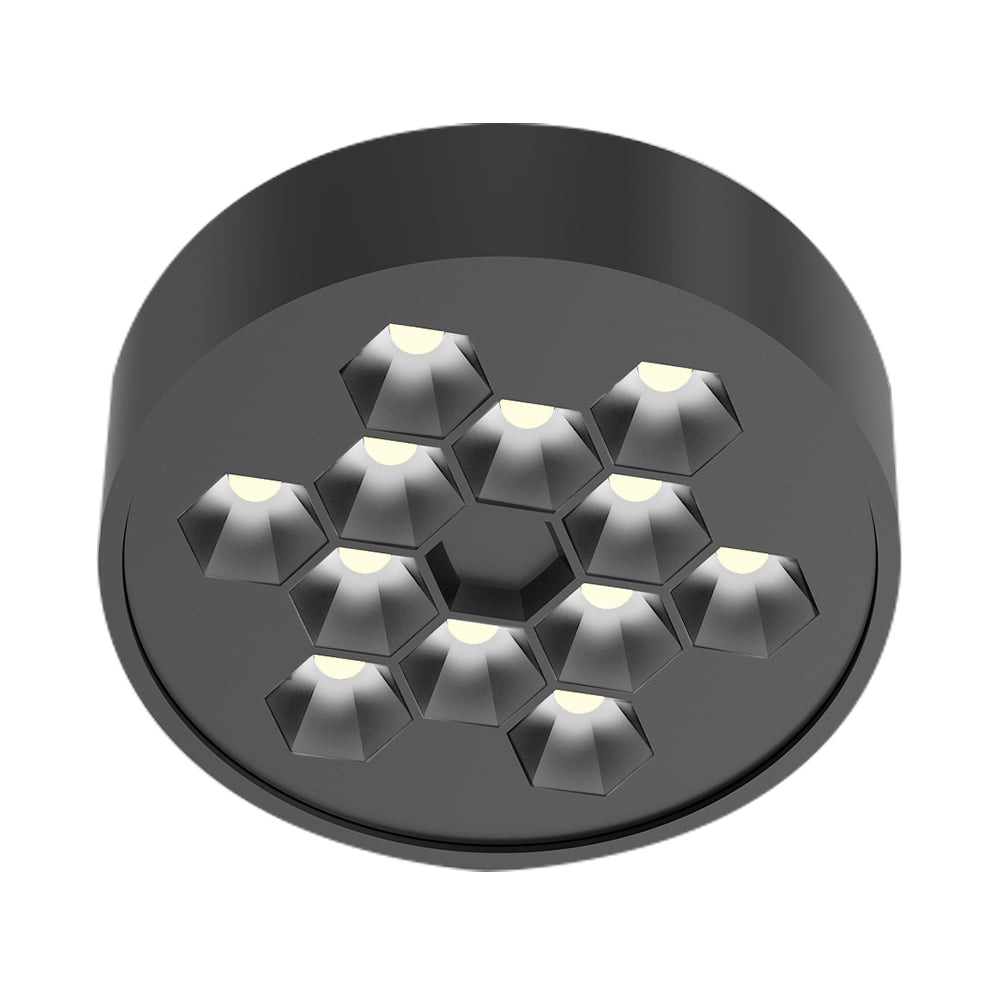 HIVE PTL I plafón LED negro redondo con ópticas hexagonales tipo panal, fondo blanco