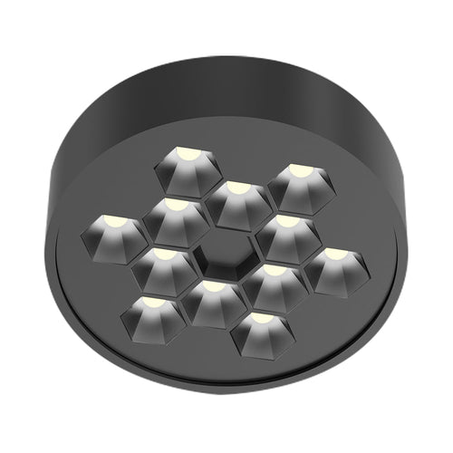 HIVE PTL I plafón LED negro redondo con ópticas hexagonales tipo panal, fondo blanco – Lámpara de Diseño Báez Lumina