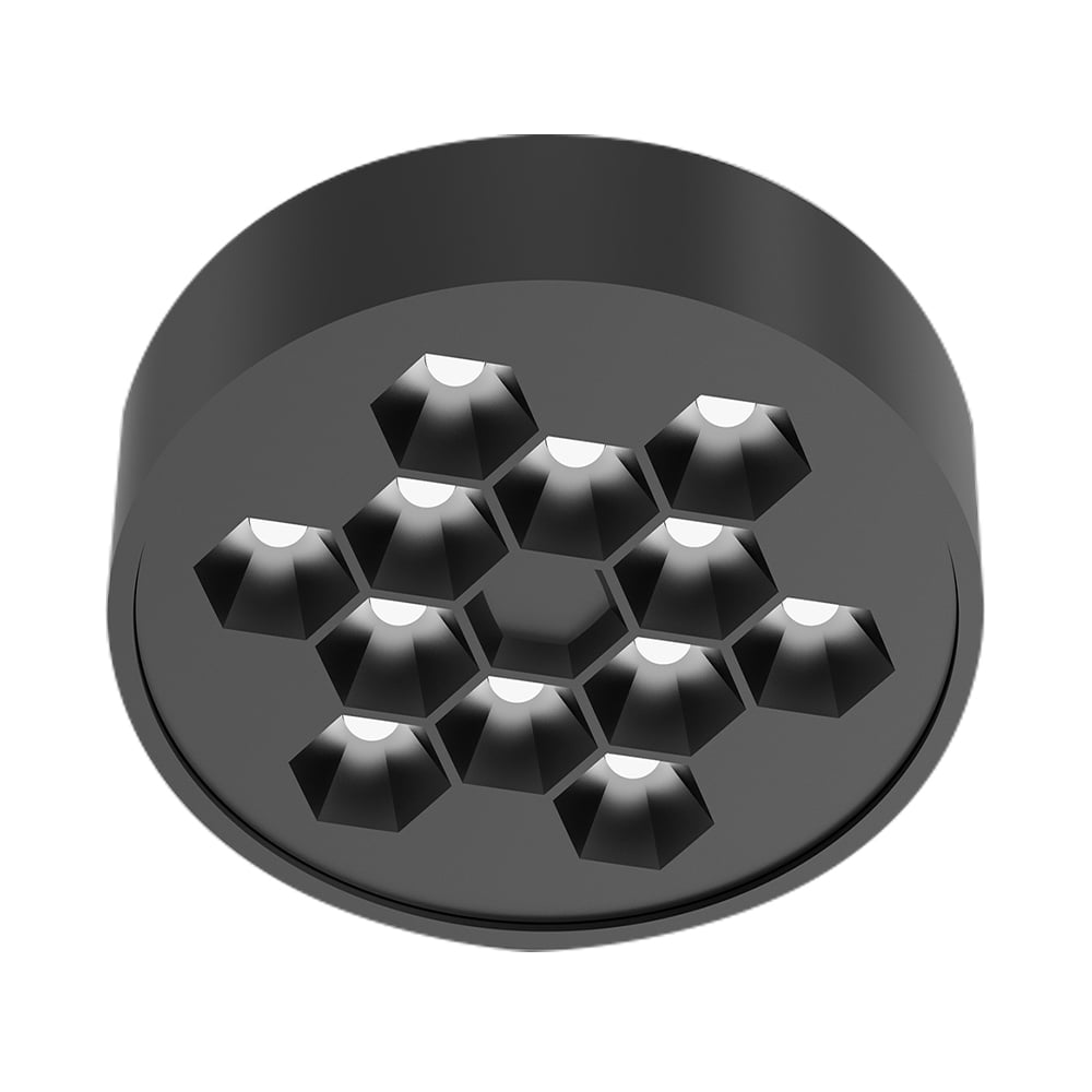 HIVE PTL I negro con ópticas tipo panal, vista en ángulo, fondo blanco