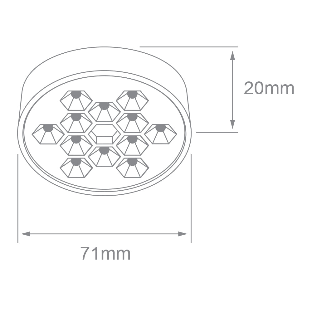 Dibujo técnico de HIVE PTL I: 71 mm de diámetro y 20 mm de alto