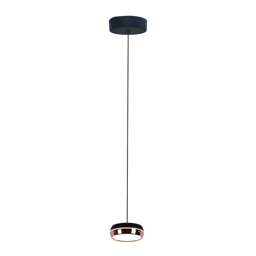 FLEGETONTE I lámpara colgante LED de disco negro con aro rosa y difusor opalino, fondo blanco