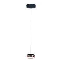 FLEGETONTE I lámpara colgante LED de disco negro con aro rosa y difusor opalino, fondo blanco
