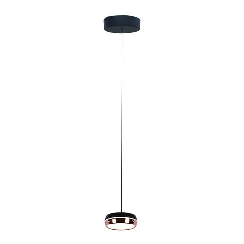 FLEGETONTE I lámpara colgante LED de disco negro con aro rosa y difusor opalino, fondo blanco – Lámpara de Diseño Báez Lumina