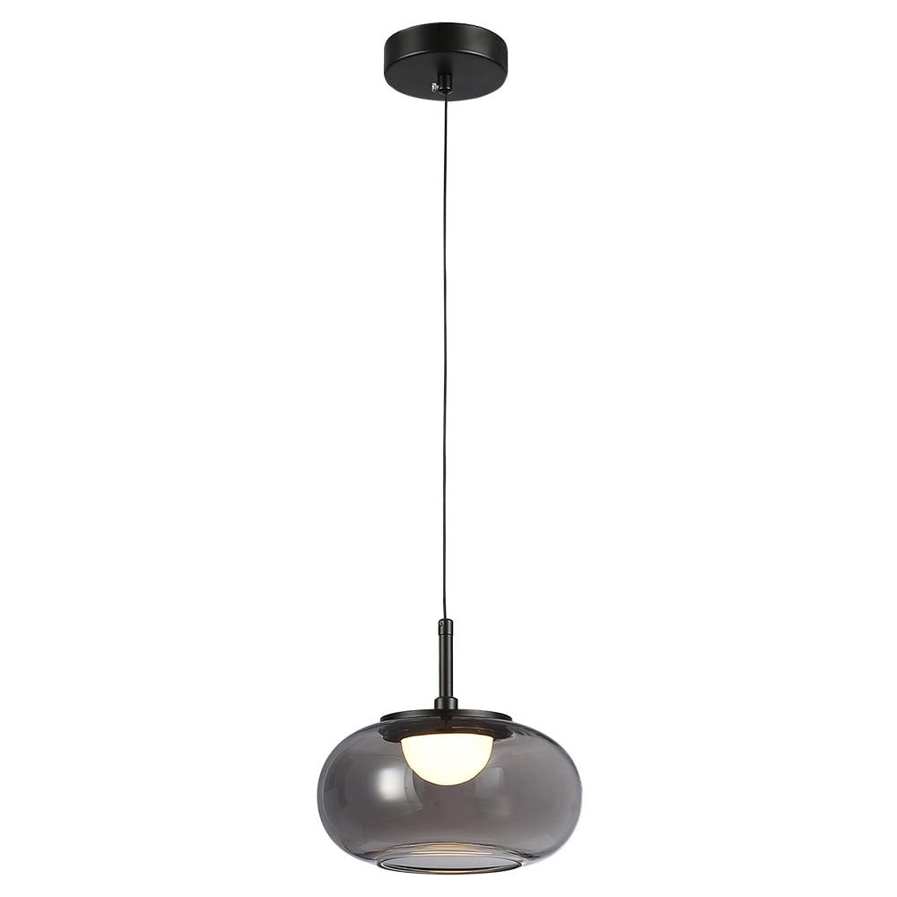 FUMARA lámpara colgante LED con pantalla de cristal humo ovalada y soporte negro, encendida, fondo blanco