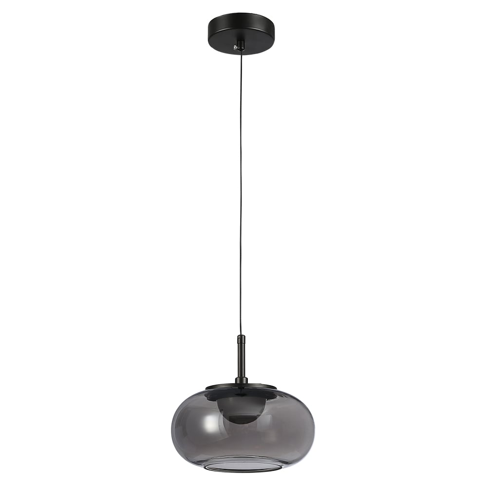 FUMARA de cristal humo ovalado y soporte negro, apagada, fondo blanco