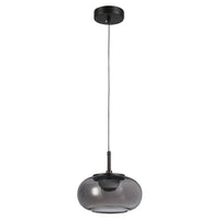 FUMARA de cristal humo ovalado y soporte negro, apagada, fondo blanco