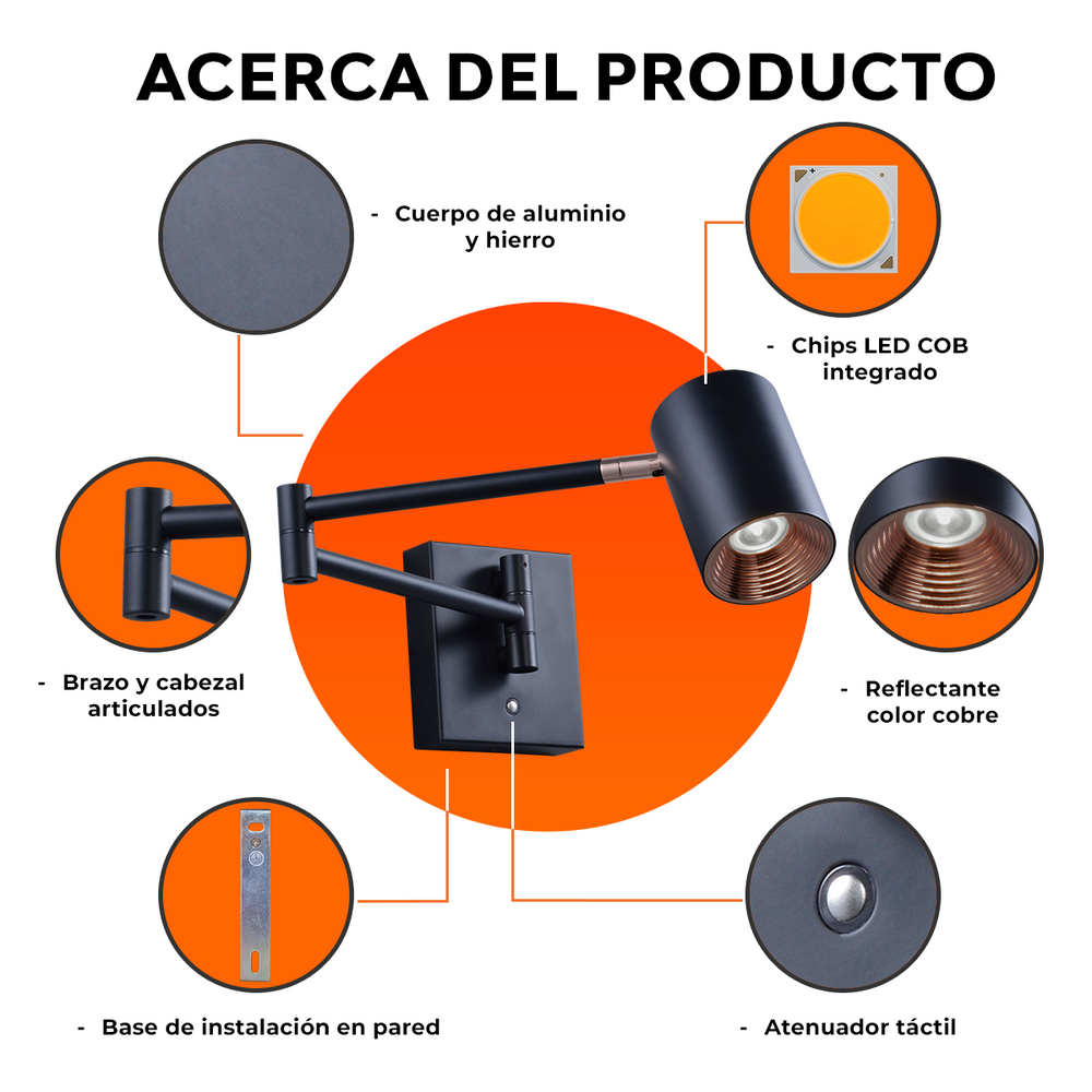 Partes de BRACCIO: cuerpo de aluminio y hierro, brazo y cabezal articulados, chip LED COB, reflector cobre y atenuador táctil