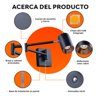 Partes de BRACCIO: cuerpo de aluminio y hierro, brazo y cabezal articulados, chip LED COB, reflector cobre y atenuador táctil