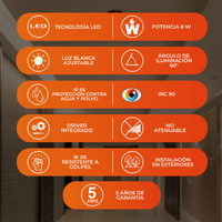 Beneficios de VELORA I: LED 8 W, luz blanca ajustable, IP65, IK06 e instalación en exteriores